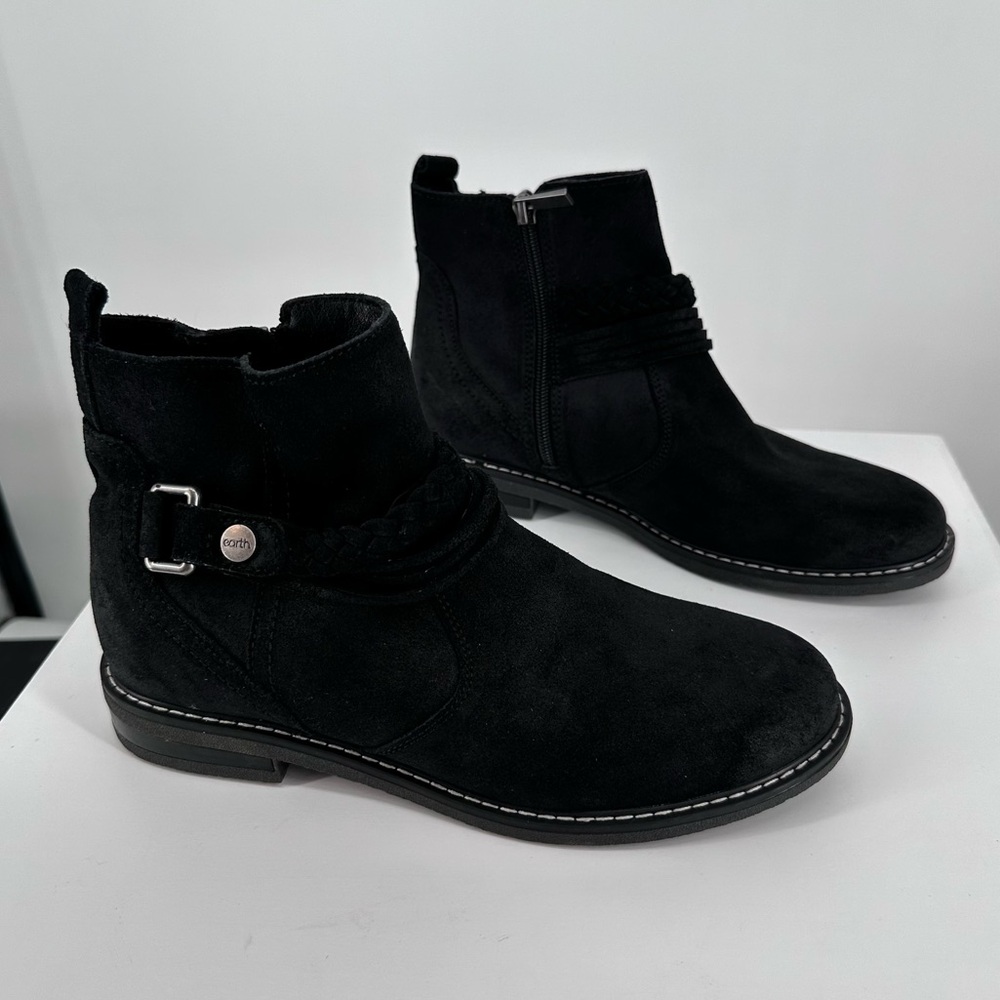 Earth Jeno Ankle Booties in Black Suede size 8 Leather Braided Boho Round Toe